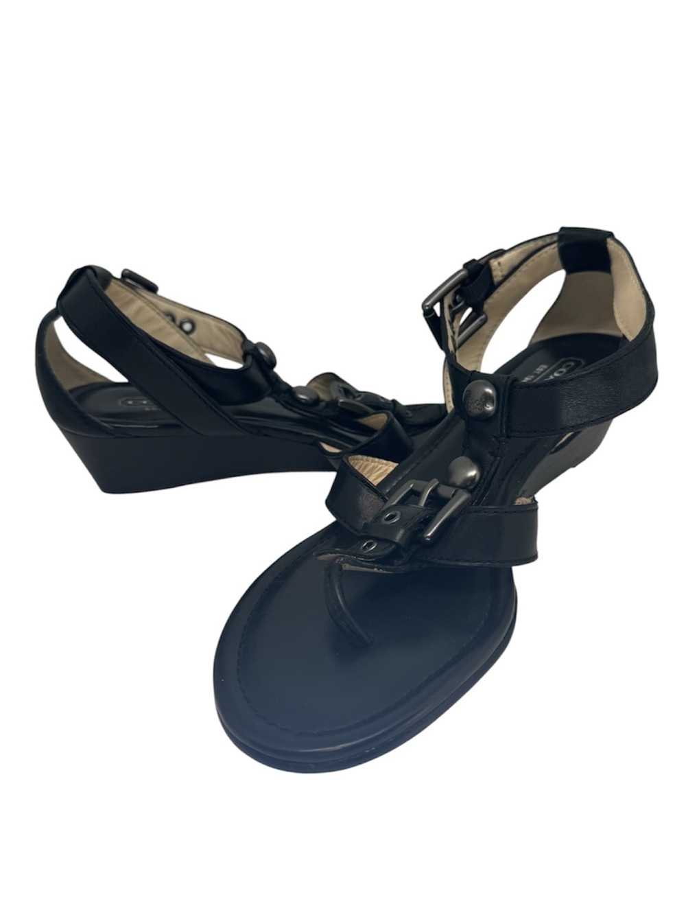 COACH Viktoria Black Leather Open Toe Thong T-Strap Wedge Sandals, Sz 7B